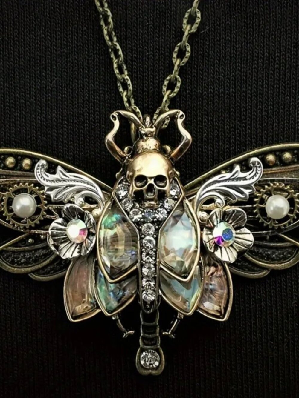 Vintage Boho Moth Pendant Necklace with Skull